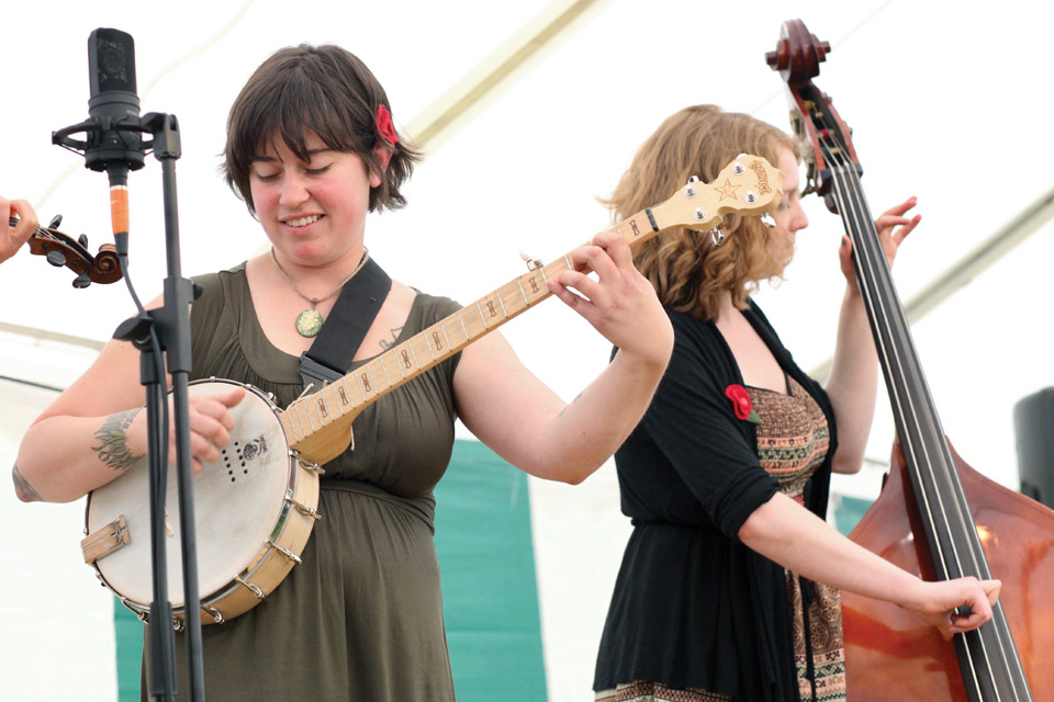 Musicians on stage at the Central Ohio Folk Festival