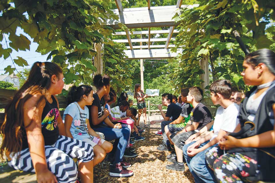 Kids gather under the grape arbor 