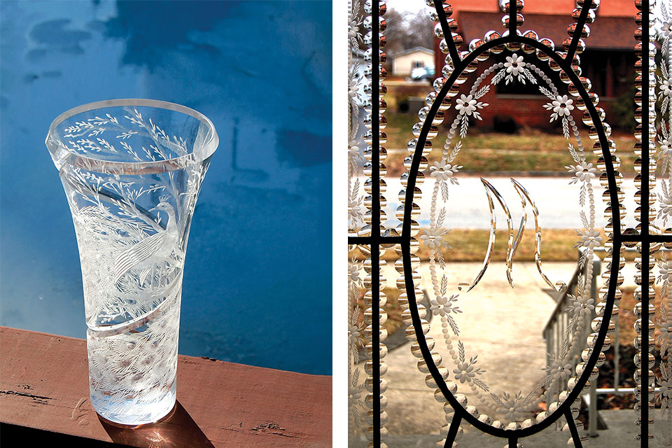 Aidan Scully's "Peacock in the Woods" (left) and window detail (right)