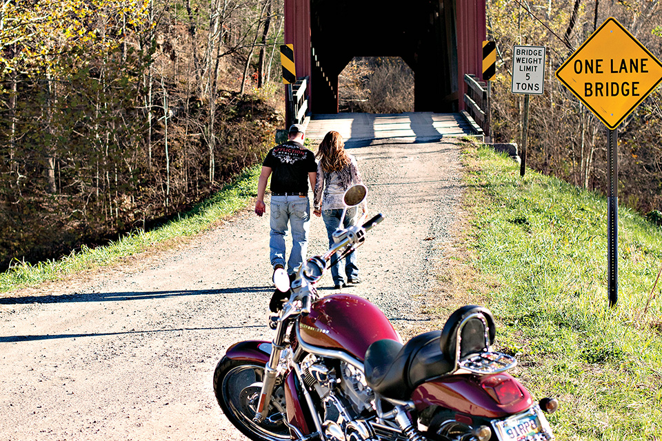 Motorcyclists at Washington County Covered Bridge (photo courtesy of Marietta-Washington County Convention & Visitors Bureau)