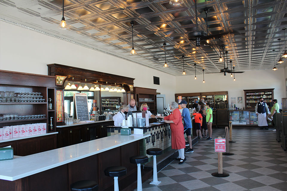 1920s Main Street's soda fountain and pharmacy