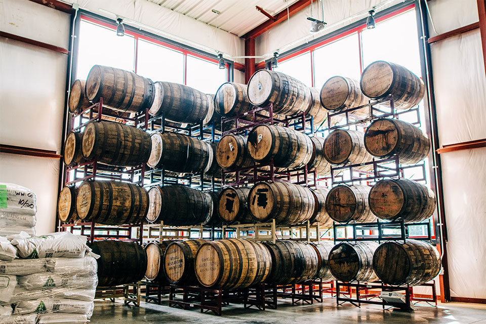 Barrel-aging facility at Warped Wing Barrel Room & Smokery