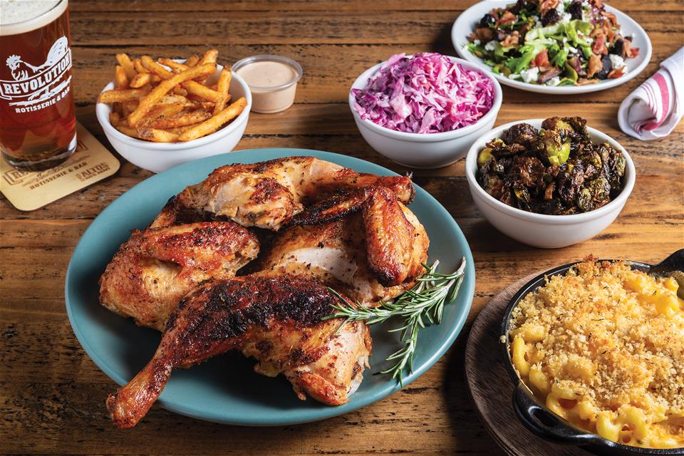 Revolution Rotisserie quartered chicken with sides