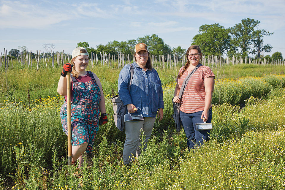 Holly DeLong, Kate Hodges and Jane Larson in a field