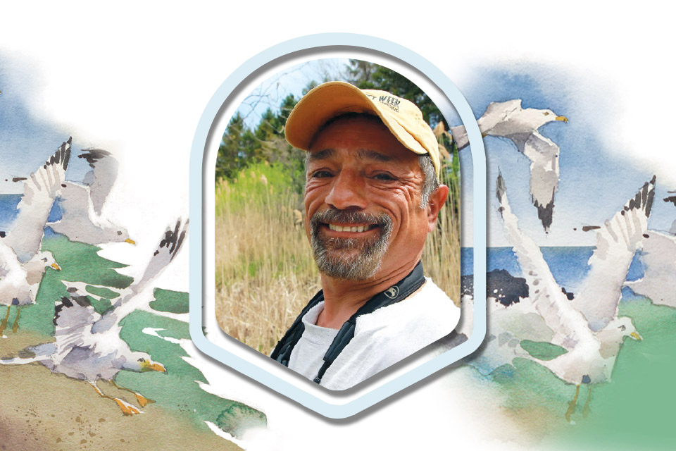 Birder Chuck Slusarczyk (photo by Chuck Slusarczyk, illustration by Jeff Suntala)