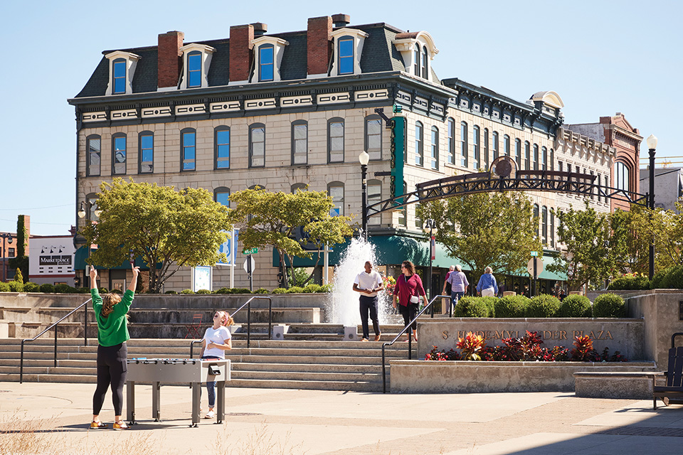 People hanging out at Schade-Mylander Plaza