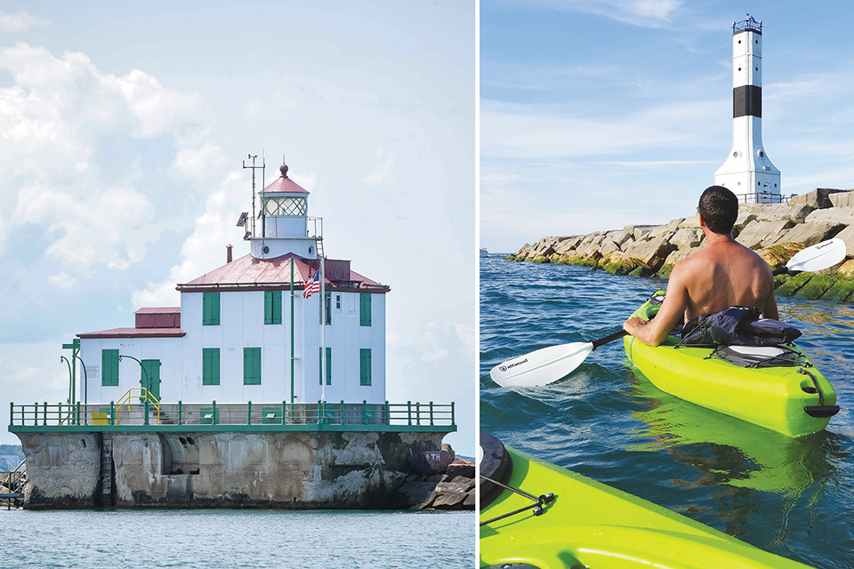 Ashtabula Lighthouse (courtesy of Ashtabula CVB) and Conneaut West Breakwater Light (photo by Joy Cobb)