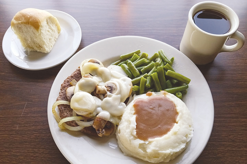 Mary Yoder’s Amish Kitchen dinner plate and coffee (photo courtesy of Destination Geauga)