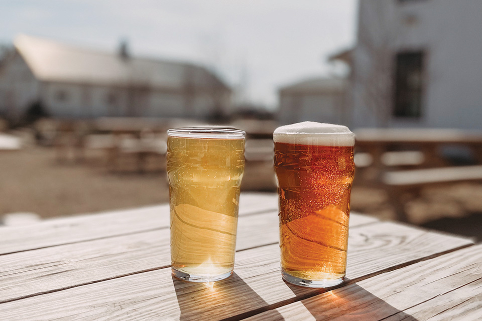 Beers on a picnic table (photo courtesy of Henmick Farm & Brewery)