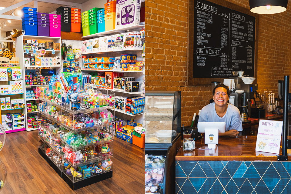 Interior shelves of games and toys at The Fun Company and a smiling barista at Native Coffee Co. (photos by Matt Shiffler)