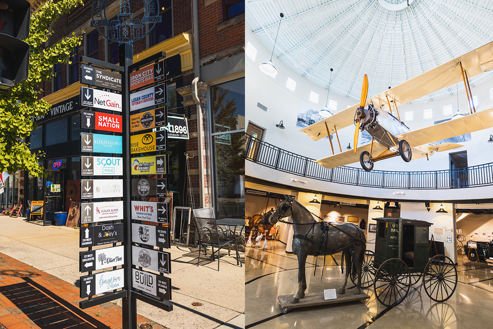 Wayfinding signs in downtown Bellefontaine and Logan County History Center’s Transportation Museum's plane and horse and buggy (photos by Matt Shiffler)