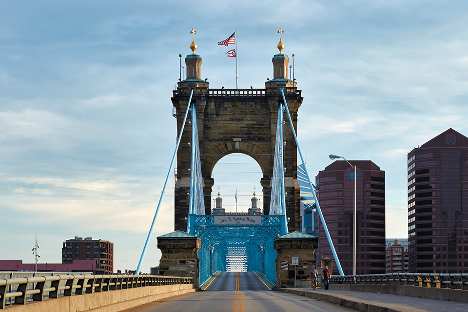 John A. Roebling Suspension Bridge in present-day Cincinnati (photo courtesy of Library of Congress)