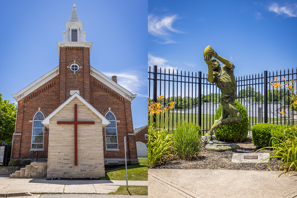 Versailles’ United Methodist Church and statue outside high school football stadium (photos by Matthew Allen)