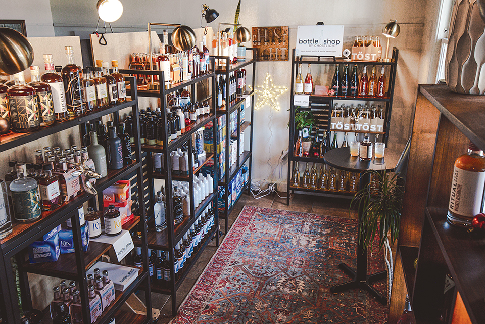 Shelves with nonalcoholic adult beverages at Dayton’s Bottle Shop by Ghostlight (photo courtesy of Bottle Shop by Ghostlight)