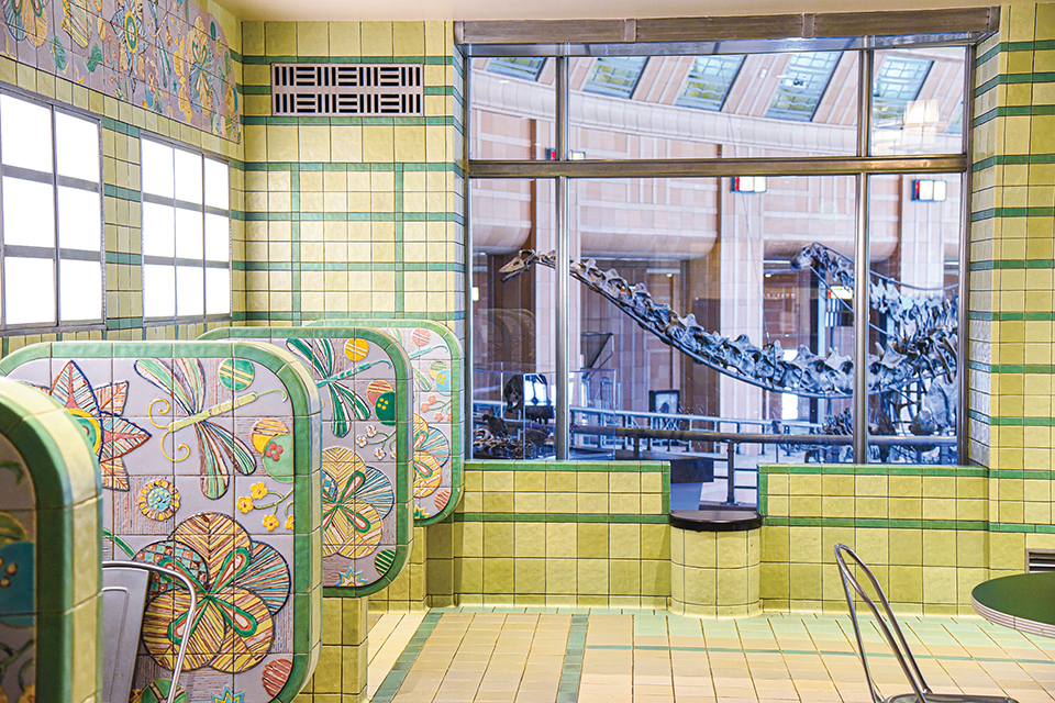 Colorful tiled booths and tables at the Rookwood Ice Cream Parlor at Union Terminal in Cincinnati (photo courtesy of Cincinnati Museum Center)