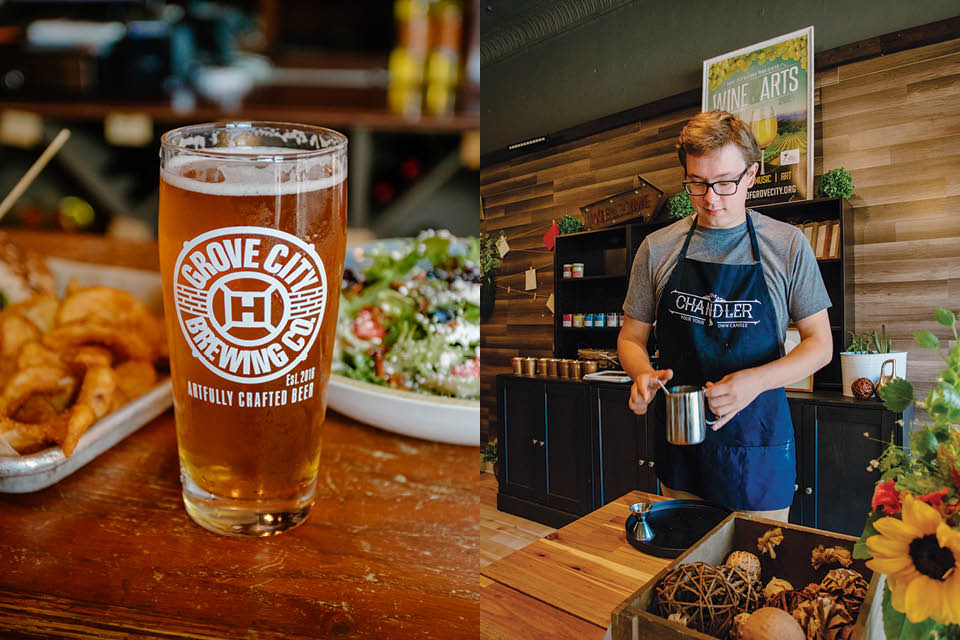 Beer from Grove City Brewing Co. and man making candle at The Chandler in Grove City (photos by Megan Leigh Barnard)