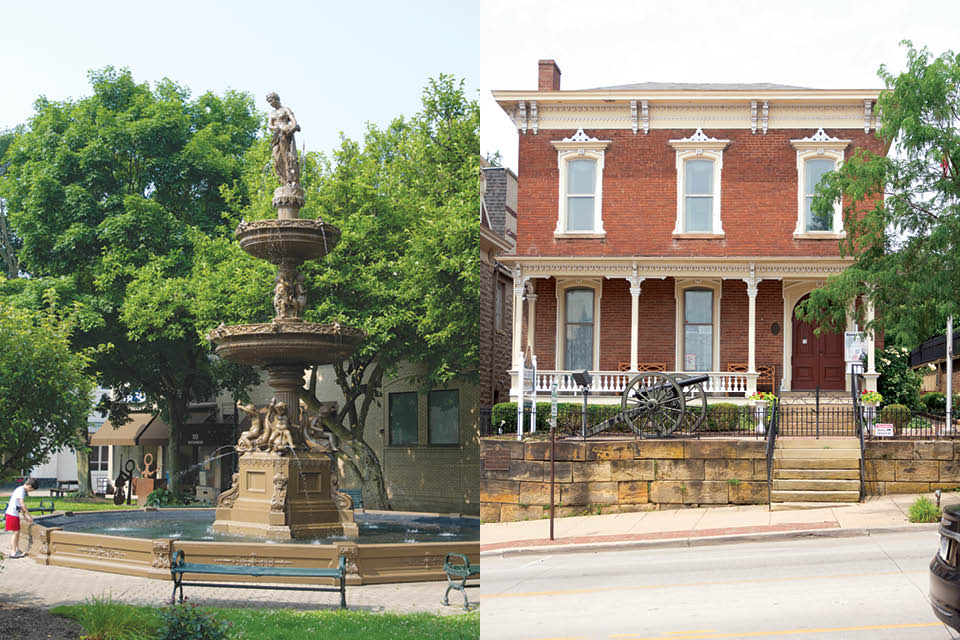 Lancaster’s downtown fountain and Sherman House Museum exterior (photos by Rachael Jirousek)