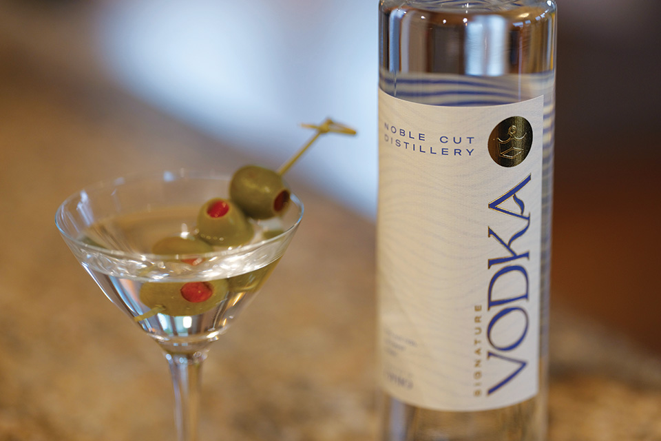 Martini glass and Noble Cut Distillery signature vodka bottle (photo courtesy of Noble Cut Distillery)