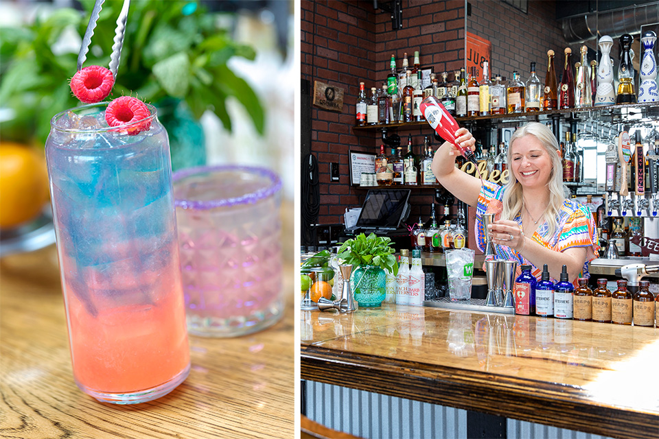 Colorful cocktail and Brooke Rodwancy at the bar at The Gristmill in Port Clinton (photo by Karin McKenna)