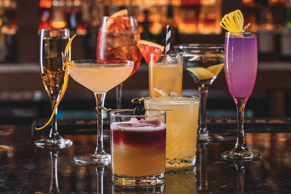 Lineup of classic cocktails on bar at Marysville’s House of Spirits (photo by Mark Schmitter)