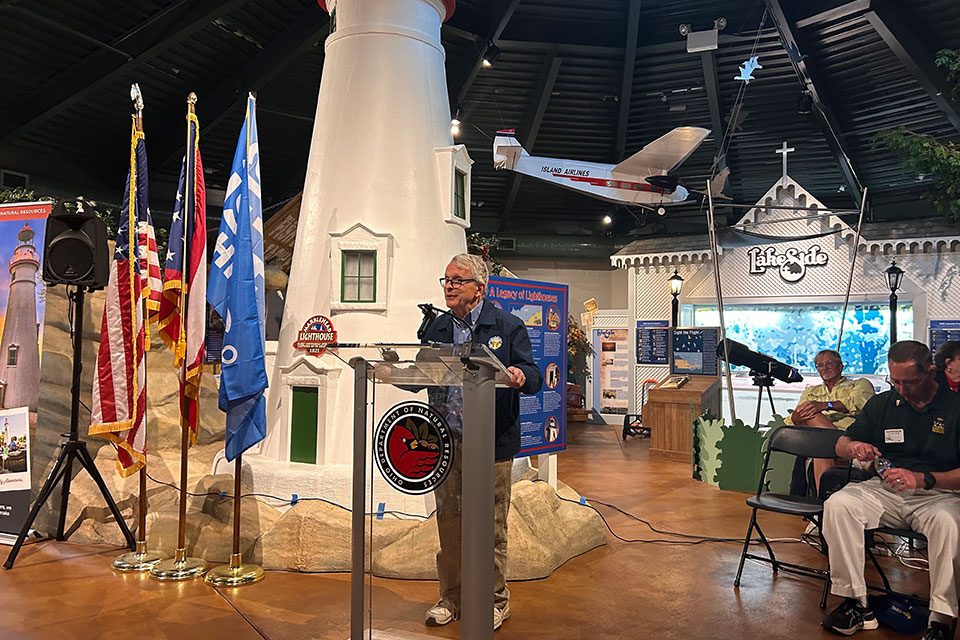 Gov. Mike DeWine delivers remarks during the Governor’s Lake Erie Fish Ohio Day on June 25, 2024 (photo by Erin Finan)