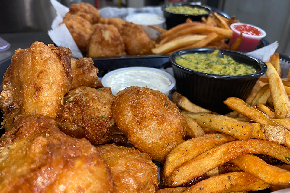 Fish and chips with a side of mashed peas at O’Huid’s Gaelic Pub, Lancaster (photo courtesy of O’Huid’s Gaelic Pub)