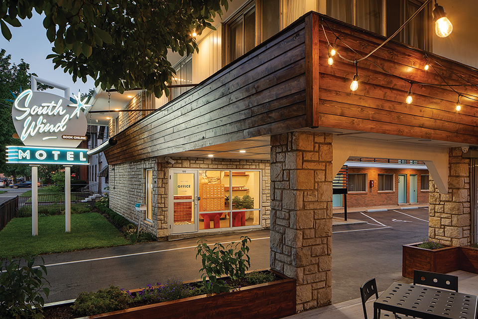 Exterior of South Wind Motel in Columbus at dusk (photo courtesy of South Wind Motel)