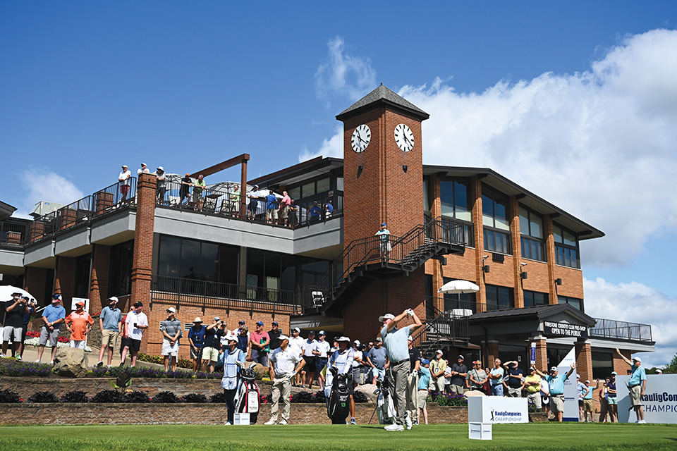 Golfer teeing off at Kaulig Companies Championship at Akron’s Firestone Country Club (photo by 2023 Tracy Wilcox/PGA Tour)