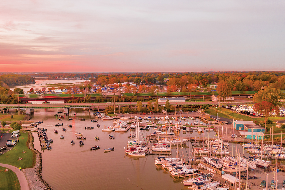 Boats on Huron Boat Basin at sunset (photo courtesy of Shores & Islands Ohio)