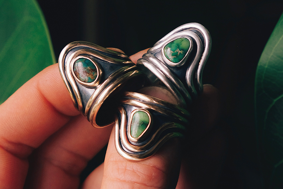 Double echo statement rings by Katelin Reeser of Cincinnati’s Rock Salt Vintage (photo courtesy of Rock Salt Vintage)