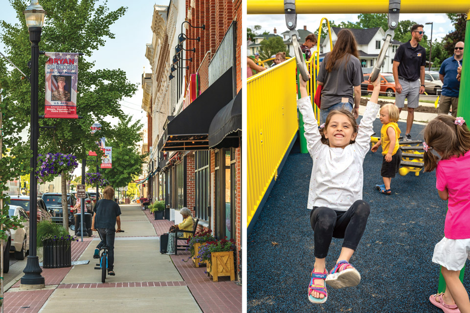 Person riding bike in downtown Bryan and girl playing on playground in Lincoln Park (photos by Doug Hinebaugh)