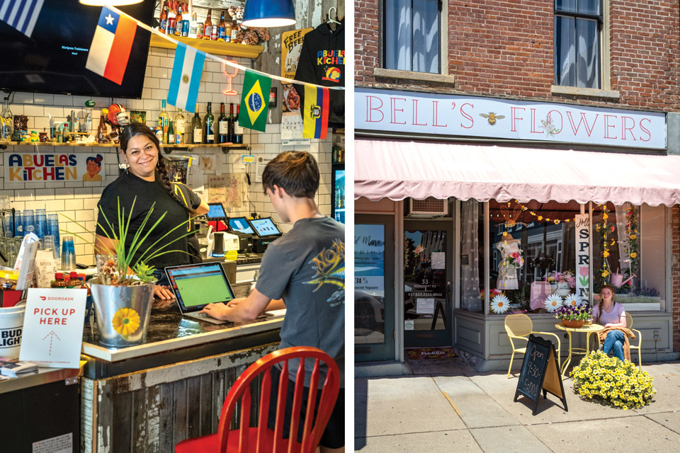 Woman behind counter at Abuela’s Kitchen and woman at Bell’s Flowers in Urbana (photos by Doug Hinebaugh)