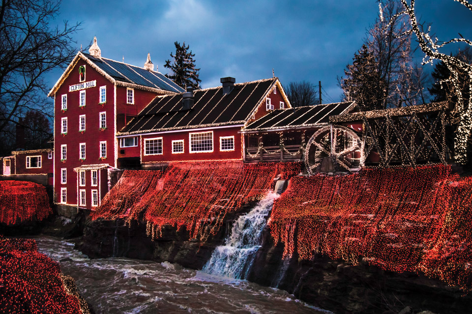 Exterior of Clifton Mill during Legendary Lights of Clifton Mill (photo by Sydney Rose)