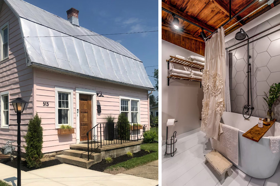 The exterior of the Little Pink Barn and the tub in the bathroom (photos courtesy of Little Pink Barn