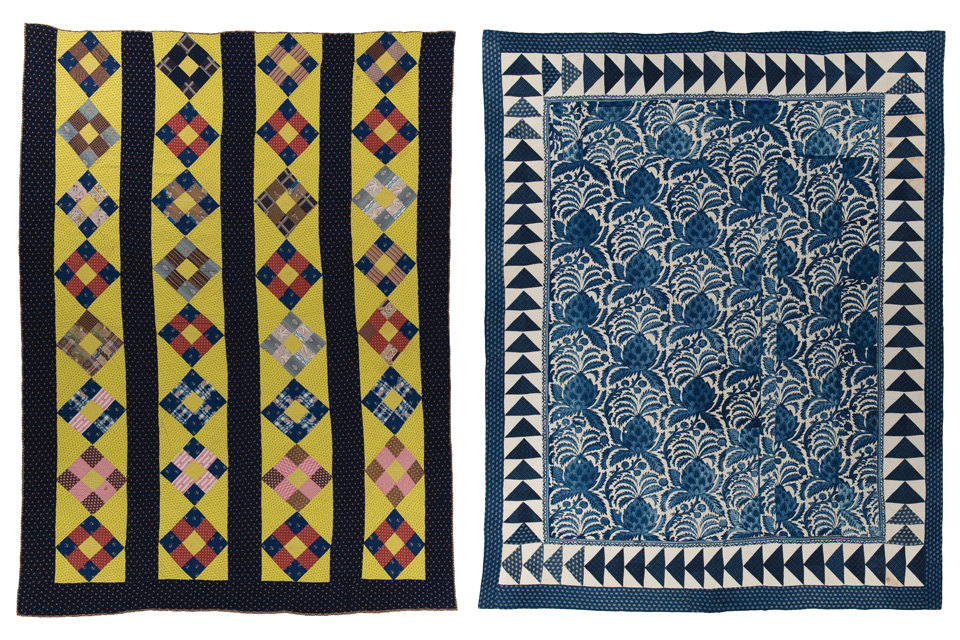 Left: “Nine Patch” Quilt International Quilt Museum, University of Nebraska-Lincoln, Ardis and Robert James Collection; Right: Whole Cloth Quilt with “Flying Geese” Border International Quilt Museum, University of Nebraska-Lincoln