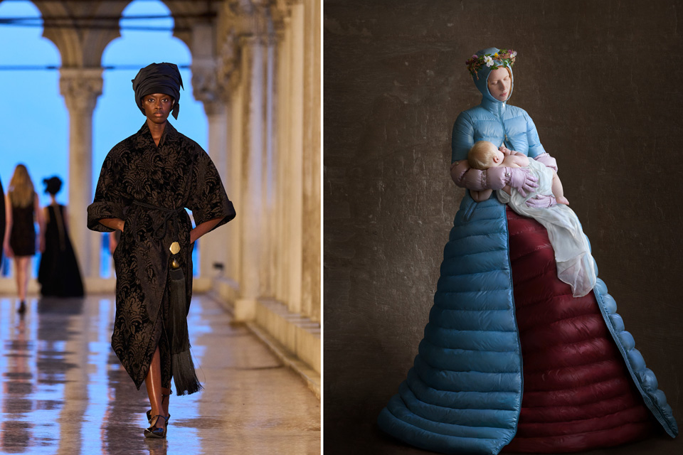 Left: Ensemble for Max Mara. Courtesy of Max Mara. Photo: Daniele Oberrauch, Vogue. © Condé Nast Right: Valentino Blue, by Pierpaolo Piccioli for Moncler, photo by Suzanne Jongmans Photo courtesy of Galerie Wilms.