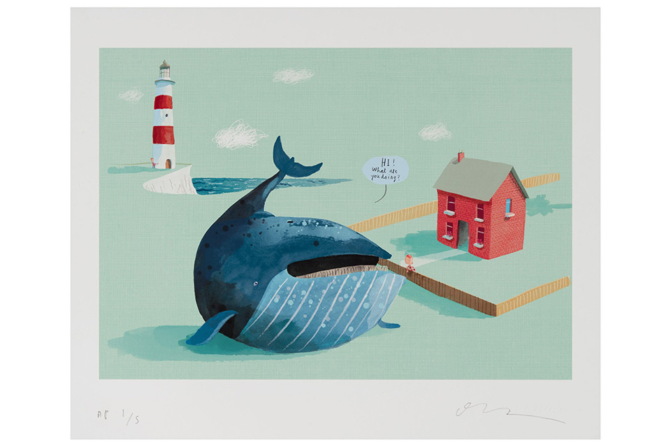 Oliver Jeffers. Stuck Print with Whale, Page 20/21, 2011. digital print, Edition AP 1/5. 25.5 x 21.75″