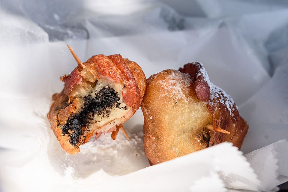 Deep-fried, bacon-wrapped Oreo (photo courtesy of Ohio State Fair)