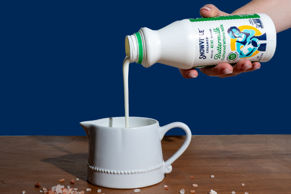 Snowville Creamery whole milk buttermilk being poured (photo courtesy of Snowville Creamery)