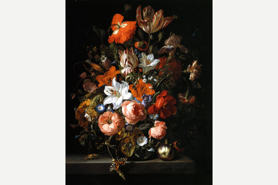 Rachel Ruysch (Dutch, 1664–1750), Flowers in a Glass Vase. Oil on canvas, 1704. Detroit Institute of Arts, Founders Society Purchase, Robert H. Tannahill Foundation Fund, Joseph M. de Grimme Memorial Fund, et al., 1995.