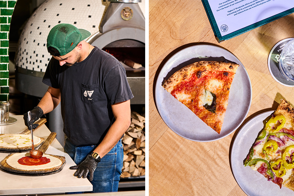 Cole Emde preparing Neapolitan-style pizza; Marinara and Gabagool pizza slices at Nights & Weekends in Ashtabula (photos by Megann Galehouse)