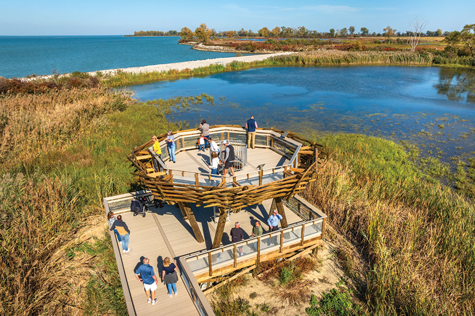 Aerial view of Maumee Bay State Park’s Birds Nest Observation Tower in Oregon (photo by Doug Hinebaugh)