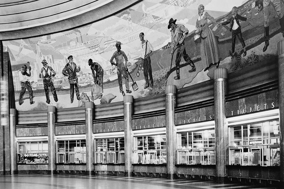 Historic photo of Union Terminal’s grand rotunda mosaic murals depicting workers (photo courtesy of Library of Congress)