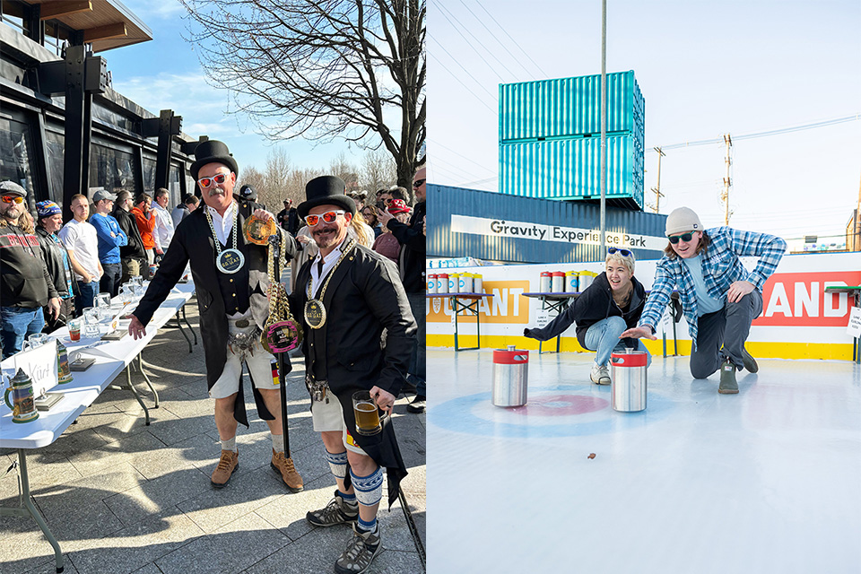 Left: Bockfest at Moerlein Lager House in Cincinnati (photo courtesy of Moerlein Lager House). Right: Keg curling at Land-Grant Brewing Company in Columbus (photo courtesy of Land-Grant Brewing Company).