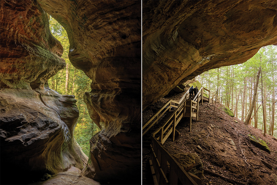 Rock House (left) and Whispering Cave (right) in Hocking Hills State Park (left photo by Arthur O’Leary, right photo by Laura Watilo Blake)
