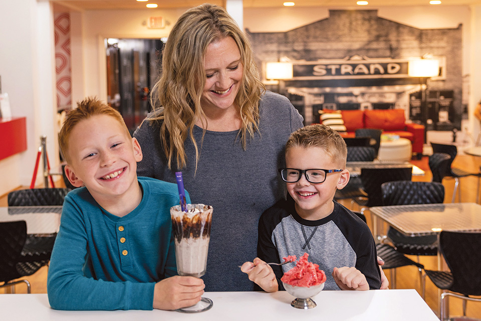 Mom and kids with milkshake and gelato at Dolce at the Strand in Wadsworth (photo courtesy of Visit Medina County)
