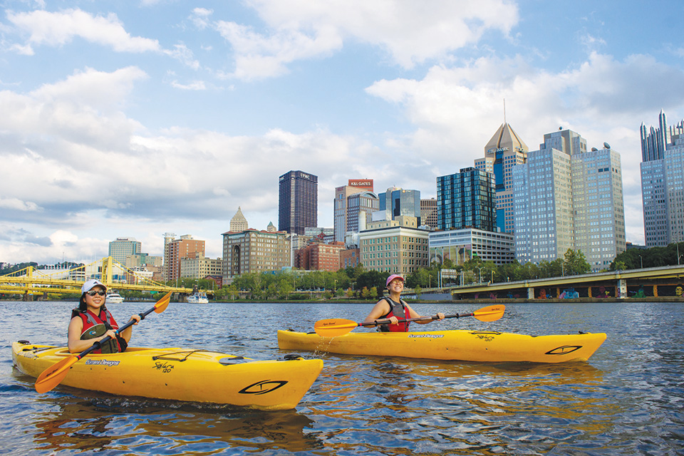 Kayakers in downtown Pittsburgh, Pennsylvania with Venture Outdoors (photo courtesy of Venture Outdoors)