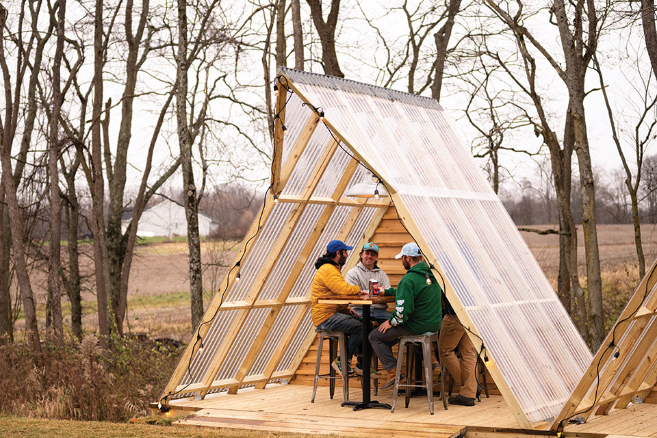 An A-frame outdoors cabana at Hoof Hearted Brewing in Marengo (photo courtesy of Hoof Hearted Brewing)