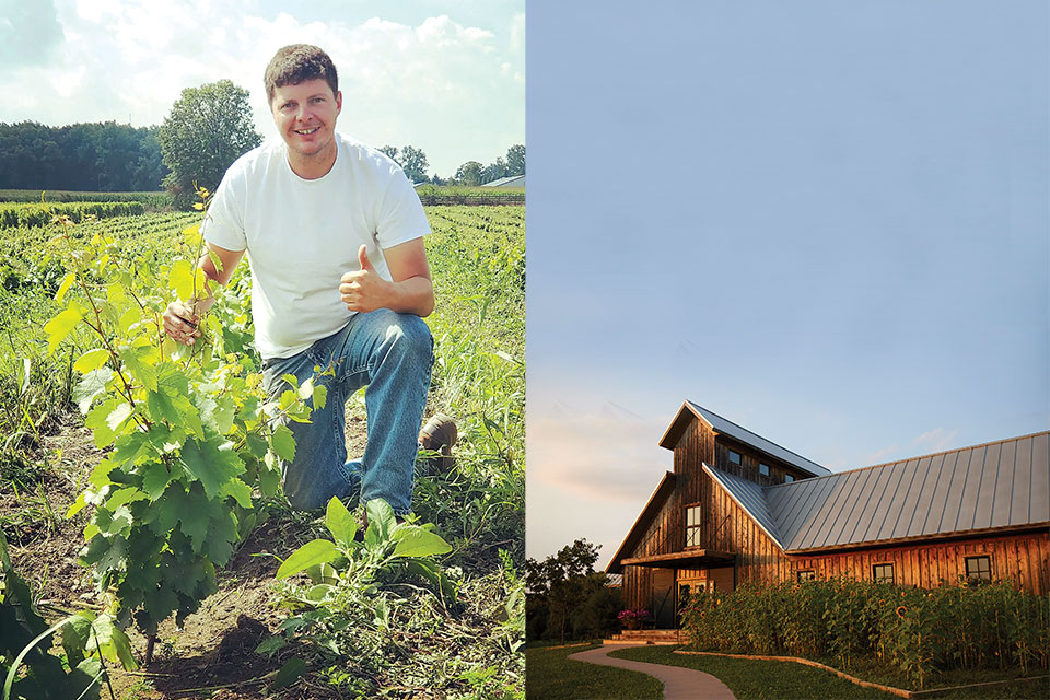 Joe Juniper tends to the grapes in his vineyard. A rustic barn stands tall amongst the evening light. 