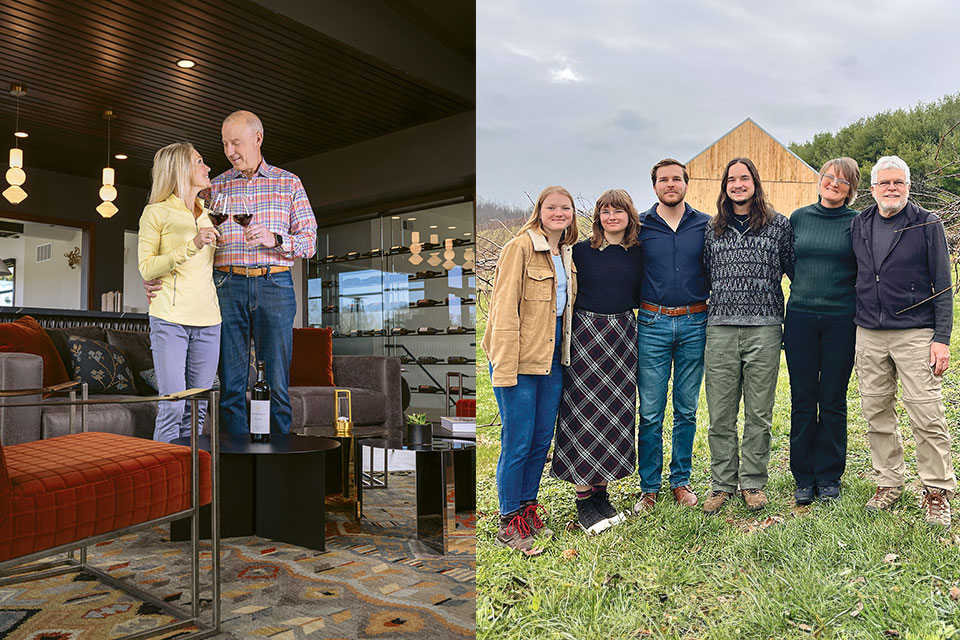 A couple cheers their glasses of wine; a family poses for their photo in front of their winery. 